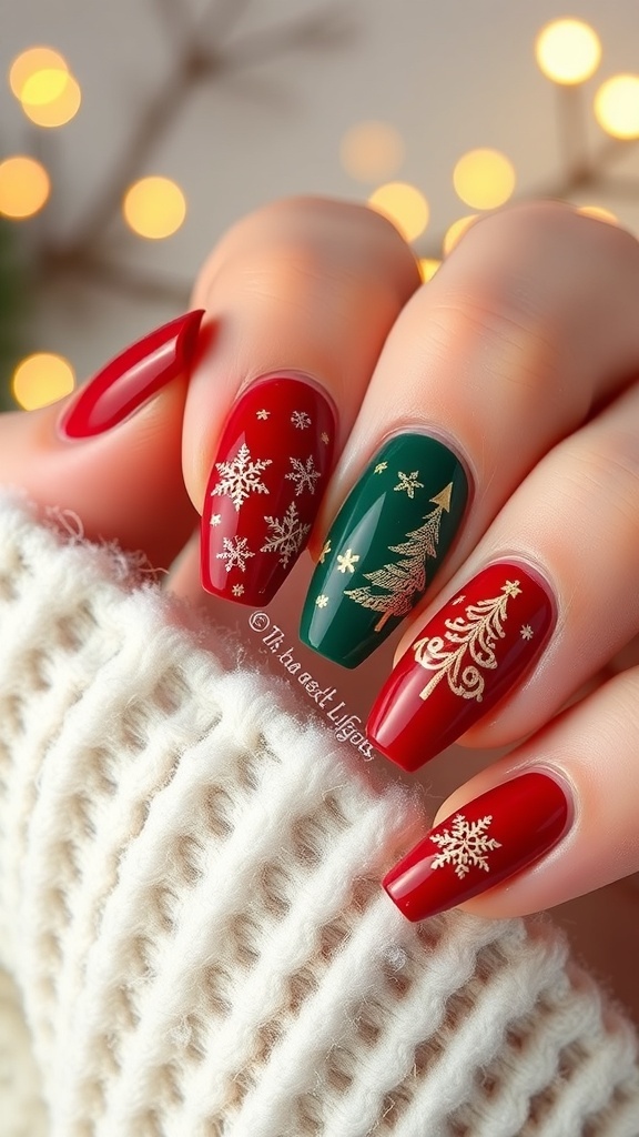 Elegant winter Christmas nails with red and green polish, decorated with gold snowflakes and Christmas trees.